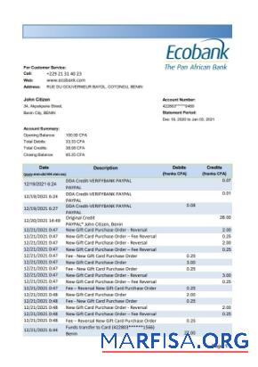 Downloadable Benin Ecobank bank statement excel download for verification
